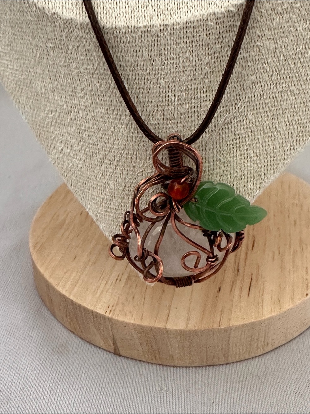 Handcrafted Copper Wire Clear Quartz Pendant Necklace with Green Glass Leaf